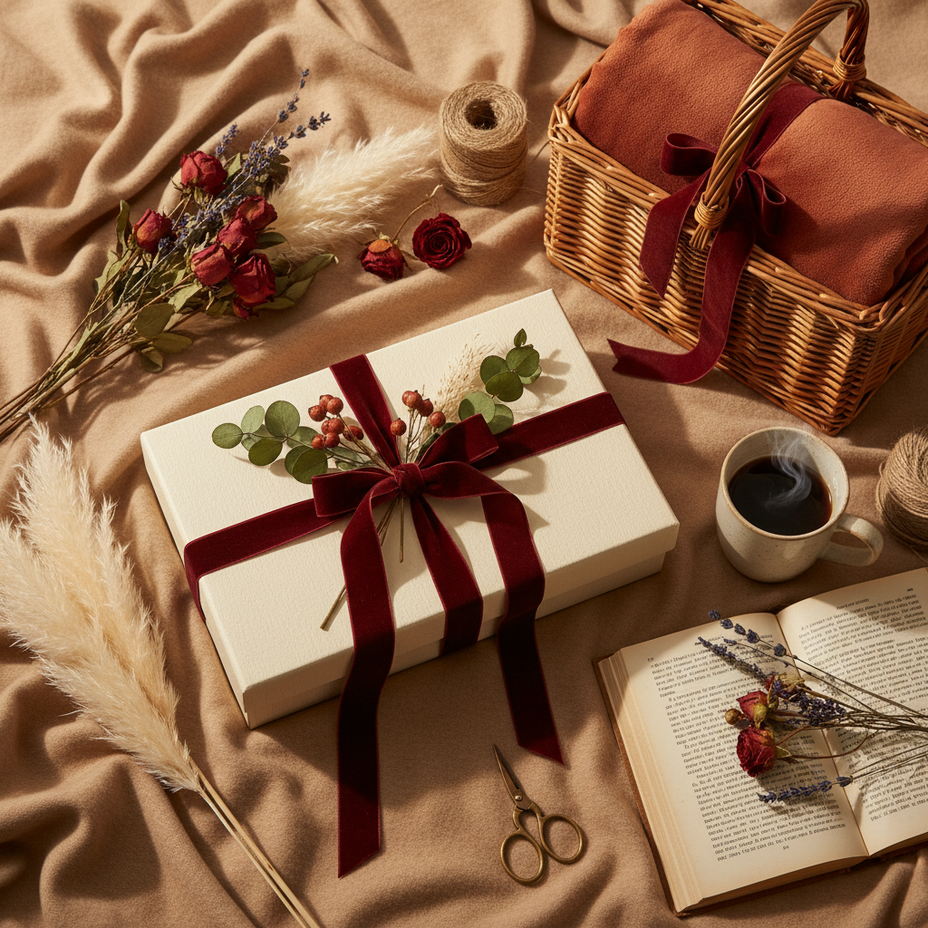 Elegante cadeauverpakking - doos of mand naar keuze met lint en droogbloemen