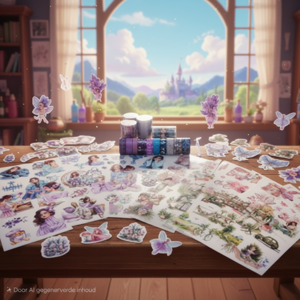 Dreamy sticker en washi tape collectie op houten bureau met fantasy raam