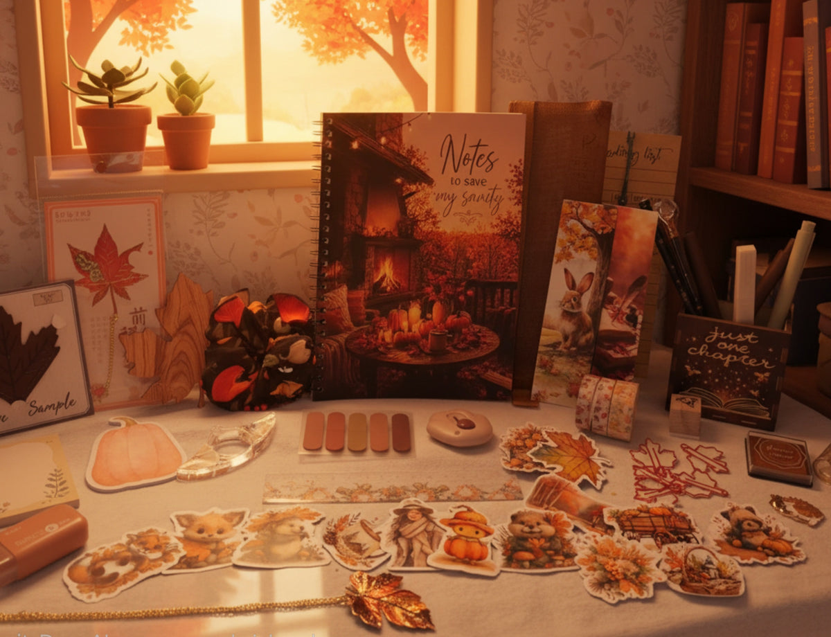 Herfstnotitieboek met bookish accessoires